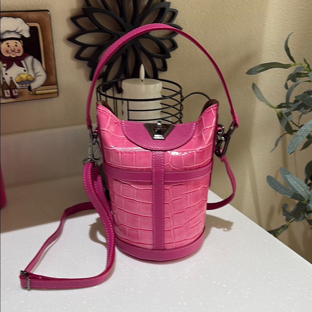 Pink Croc-Embossed Bucket Bag